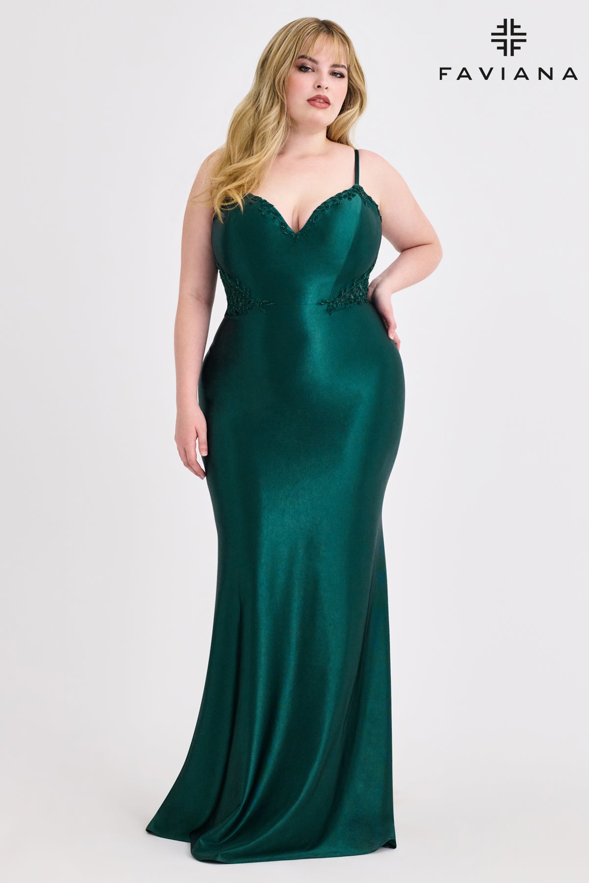 Faviana 9600 V-Neck Double Strap Gown with Side Insets