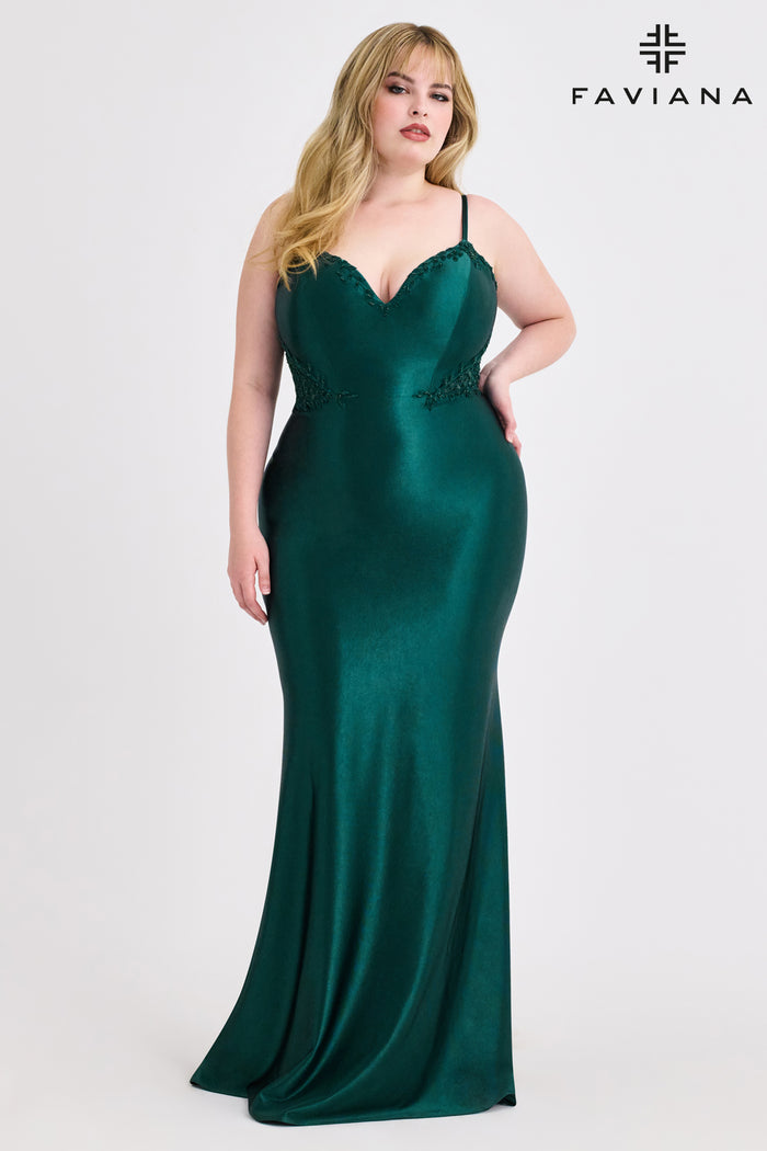 Faviana 9600 V-Neck Double Strap Gown with Side Insets