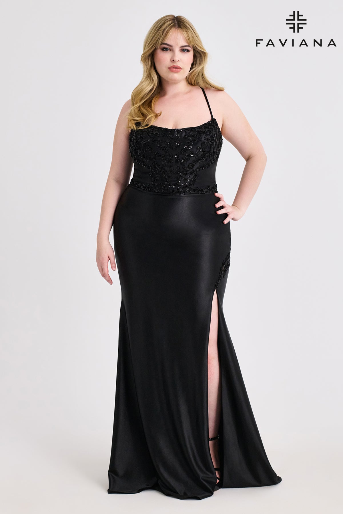 Faviana 9606 Satin Beaded Trim Gown with Lace Up Back