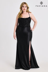 Faviana 9606 Satin Beaded Trim Gown with Lace Up Back