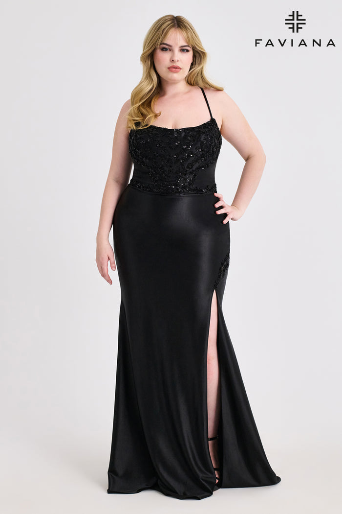 Faviana 9606 Satin Beaded Trim Gown with Lace Up Back