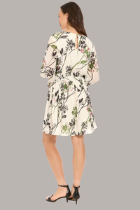 Long-Sleeve Gathered Waist Dress | Ivory/Black/Olive