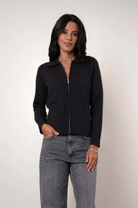 Flat Knit Zip Cardigan | Black, Cappuccino