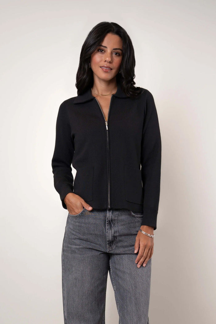 Flat Knit Zip Cardigan | Black, Cappuccino
