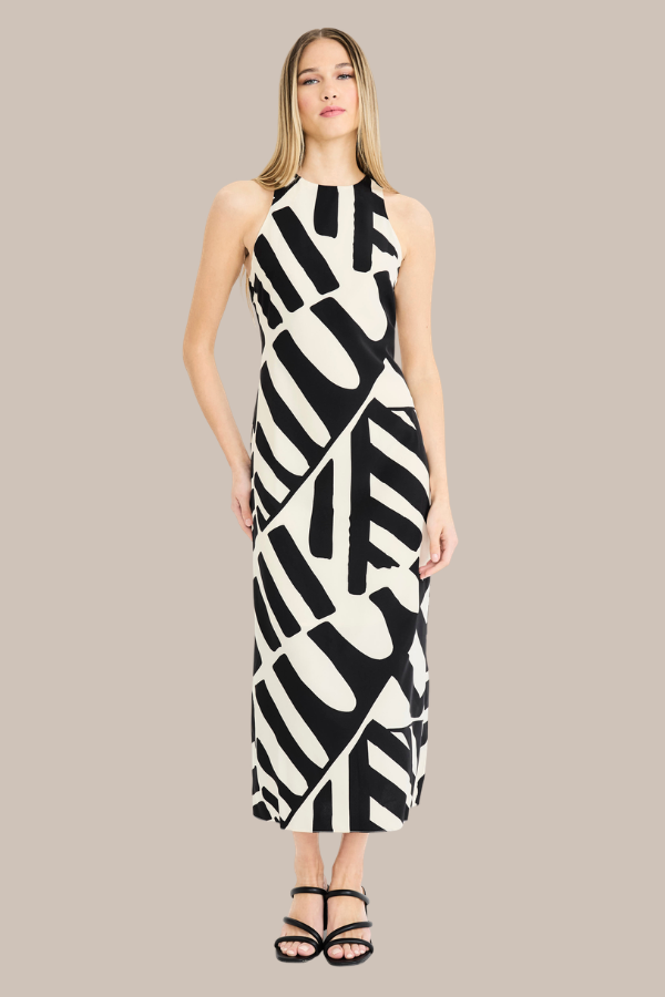 Hi-Neck Geometric Long Dress | Cream/Black