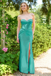 Faviana E11422 Satin Strapless Gown with Criss Cross Front