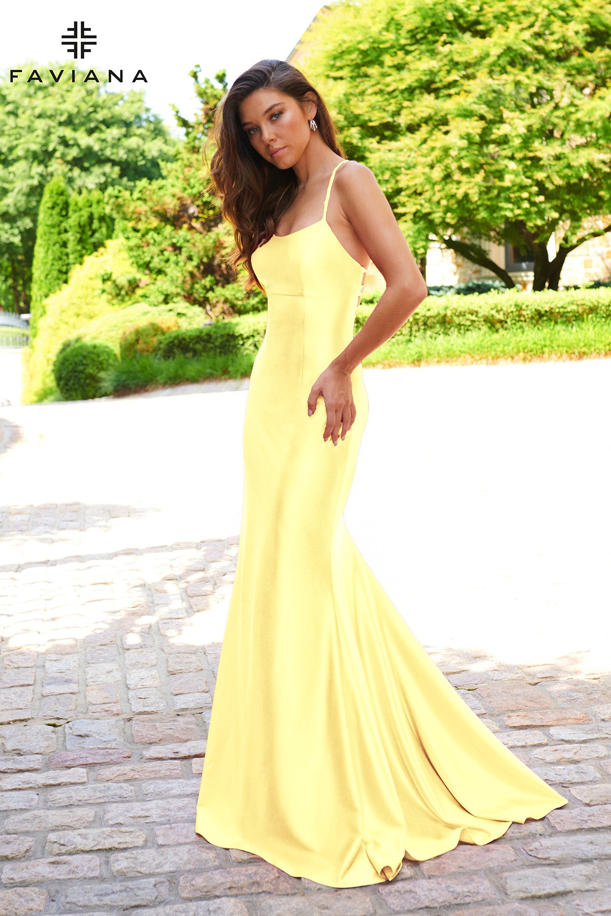 Faviana ES10890 Clean Straight Neck Godet with Lace Up Back