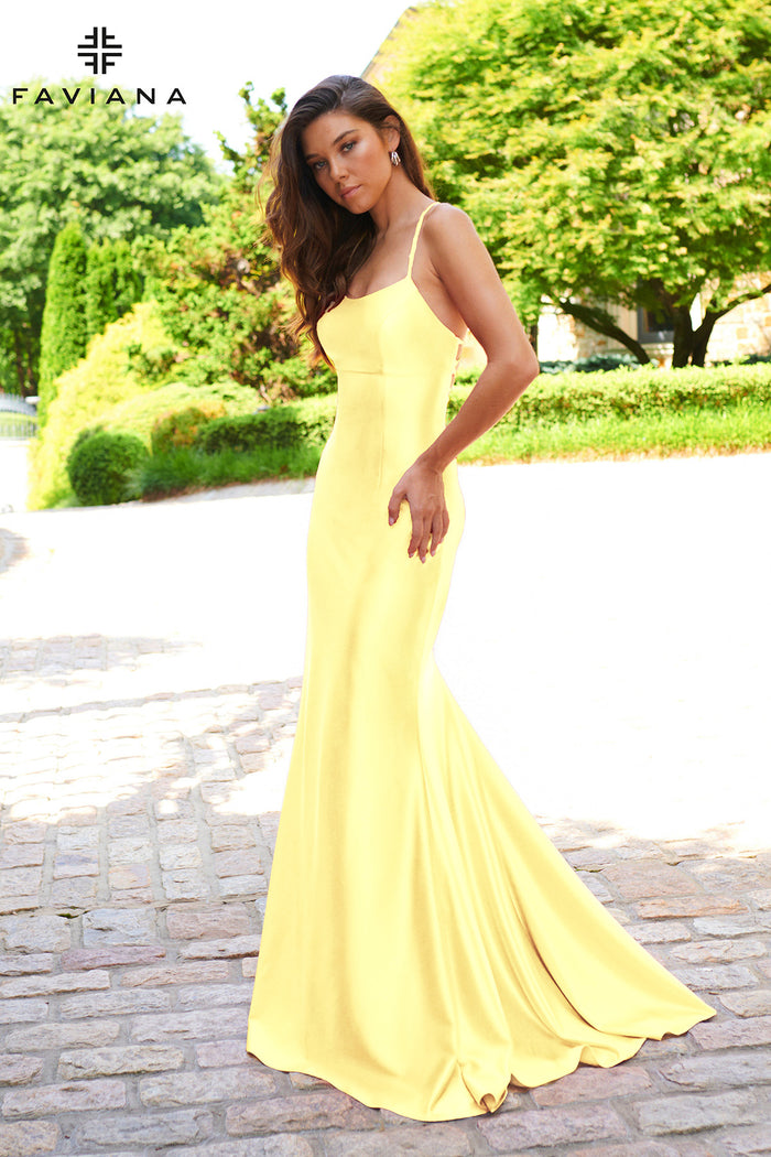 Faviana ES10890 Clean Straight Neck Godet with Lace Up Back