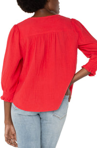 3/4 Sleeve Embroidered Woven Blouse | Geranium