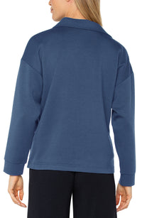 Long Sleeve V-neck with Popover Collar | Prussian Blue, Black
