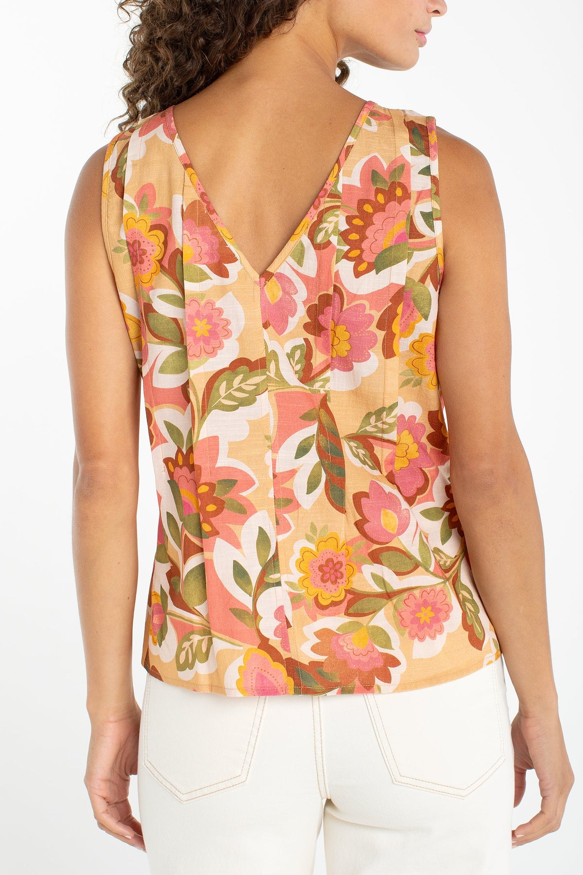 Sleeveless V-Neck Woven Top w/ Pintucks | Tan Floral Multi