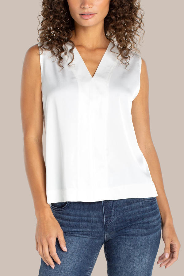 Sleeveless V-Neck Woven Knit Top | Black, Navy, Whipped Cream