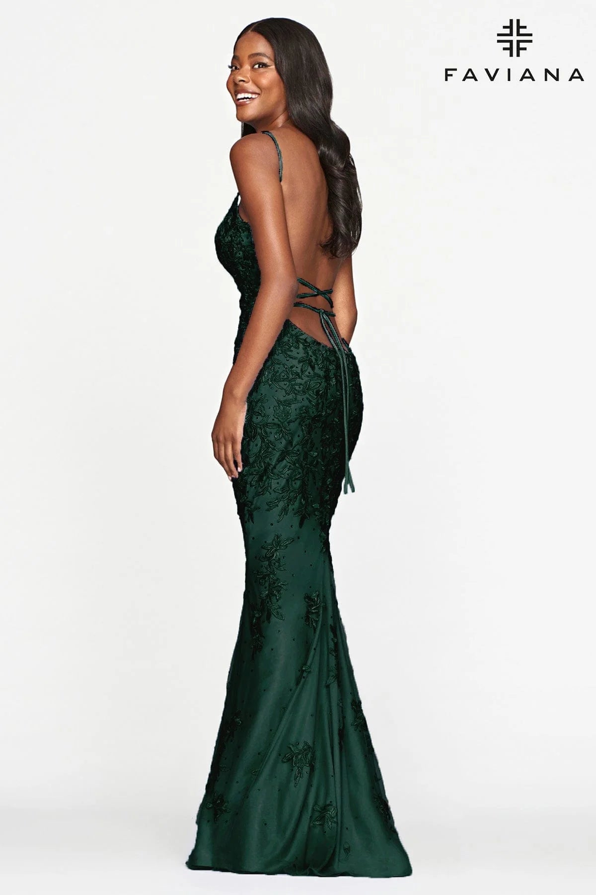 Faviana S10508 Lace Long Dress With V Neck And Lace Up Open Back