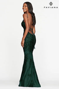 Faviana S10508 Lace Long Dress With V Neck And Lace Up Open Back