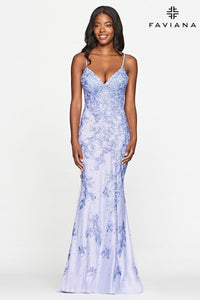 Faviana S10508 Lace Long Dress With V Neck And Lace Up Open Back
