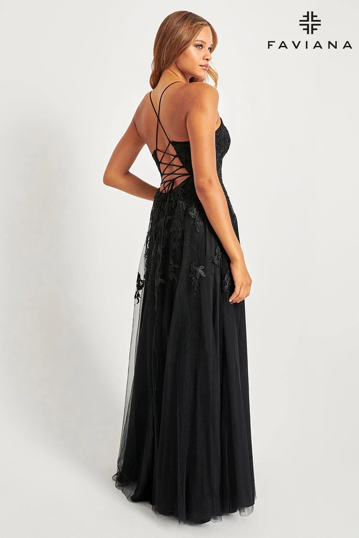 Faviana S10640 V-Neck Lace Tulle Full Skirt