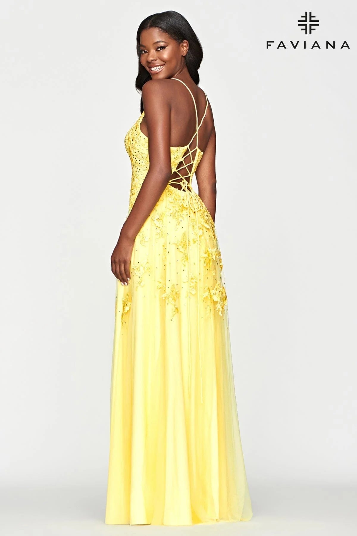 Faviana S10640 Long Lace Deep V Neck Dress With Lace Up Back