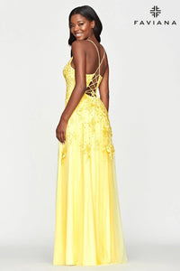 Faviana S10640 Long Lace Deep V Neck Dress With Lace Up Back
