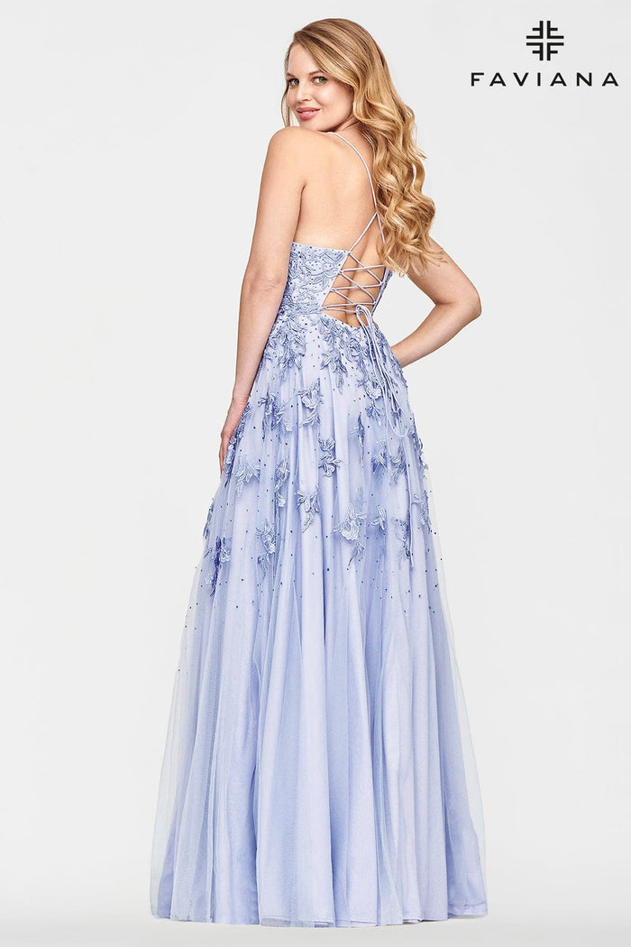 Faviana S10640 Long Lace Deep V Neck Dress With Lace Up Back