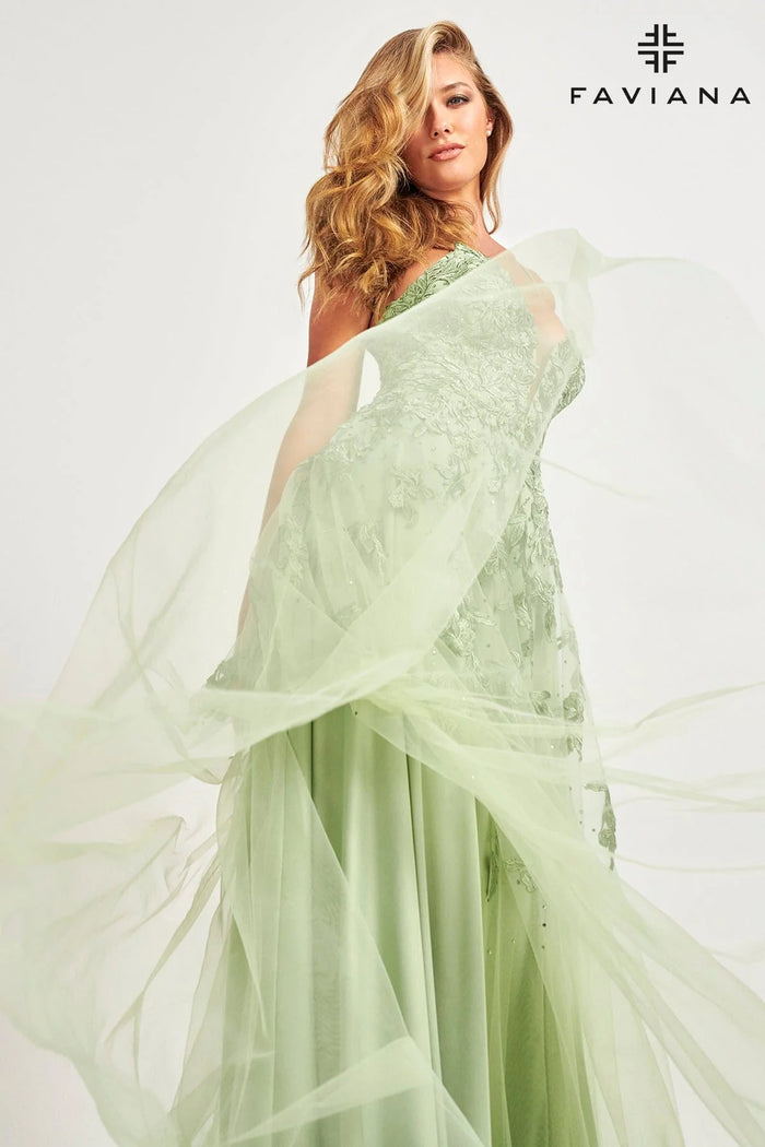 Faviana 10640 V-Neck Lace Tulle Full Skirt