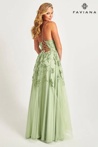 Faviana 10640 V-Neck Lace Tulle Full Skirt