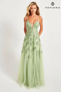 Faviana 10640 V-Neck Lace Tulle Full Skirt