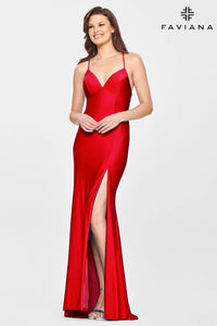 Faviana S10826 V Neckline Prom Dress With Stretch Fabric And Corset Back