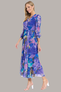 Long-Sleeve Floral Mesh Maxi Dress | Navy/Purple