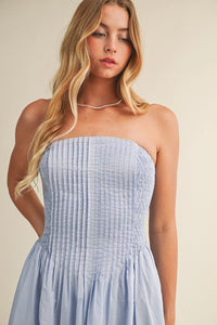 Pintuck & Smocked Bodice Strapless Dress | White, Chambray