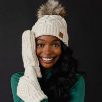 Cable Knit Pom Hat | Red, Beige