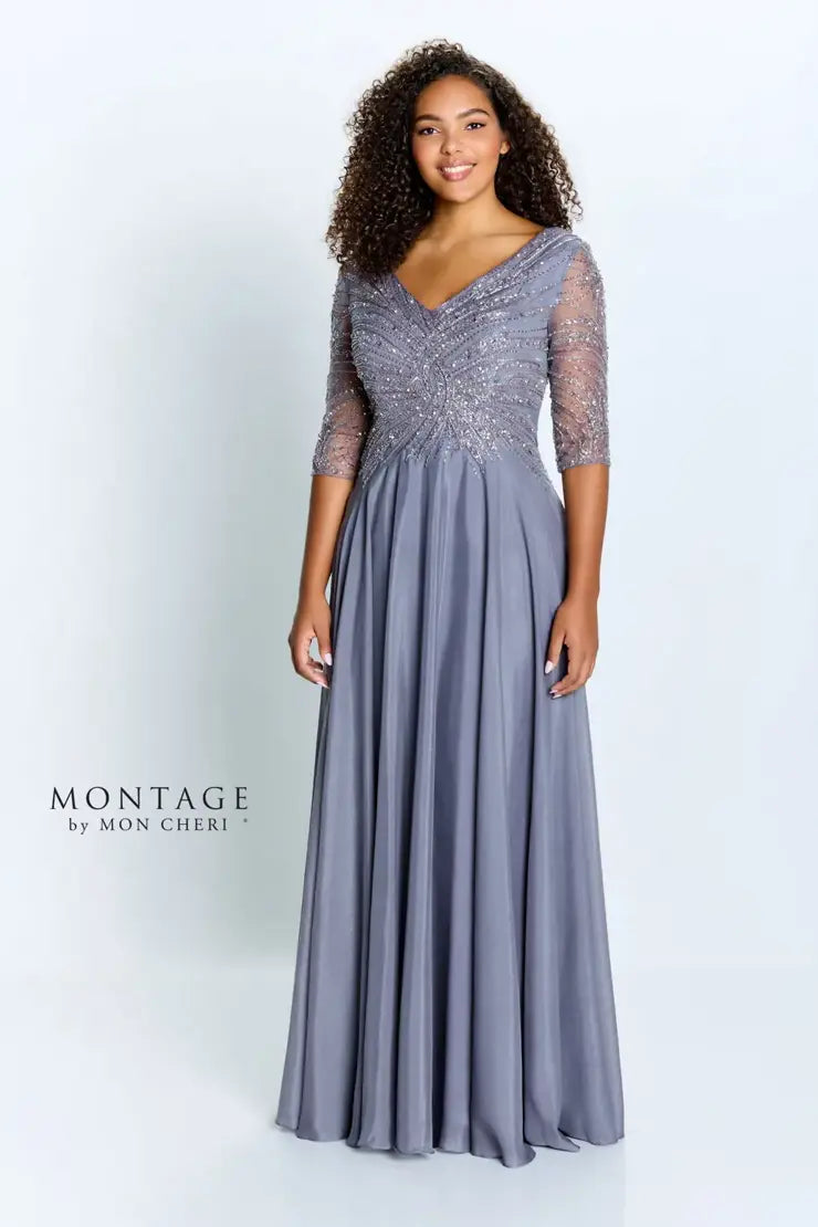 Montage 116950 Beaded Chiffon A-Line Gown with Fully beaded 3/4 sleeve and V-Neckline