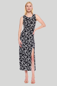 Rouched Maxi Dress with Slit | Black/White Leaf, Pink/Mocha Floral