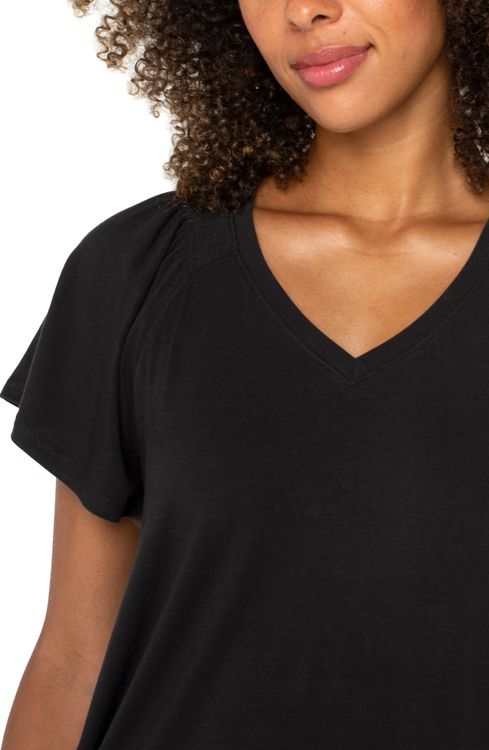 Flutter Sleeve Knit Top | Black, Cerise