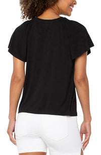 Flutter Sleeve Knit Top | Black, Cerise