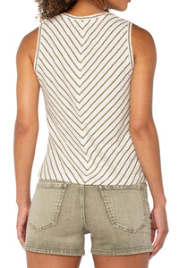 Sleeveless Crew Neck Twist Front Top | Cream Olive Stripe