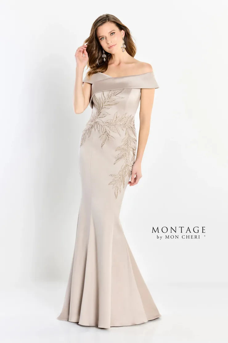 Montage M2210 Straight Mikado Gown w/ Leaf Detailing