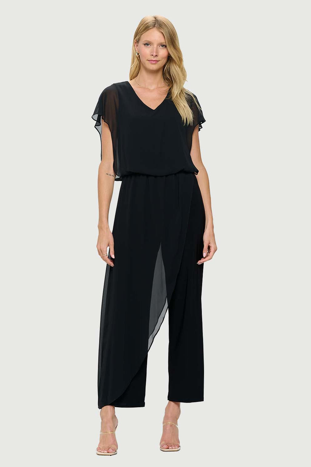 Jumpsuit with back Neckline, Chiffon Overlay & Straight Leg | Navy, Black, Royal