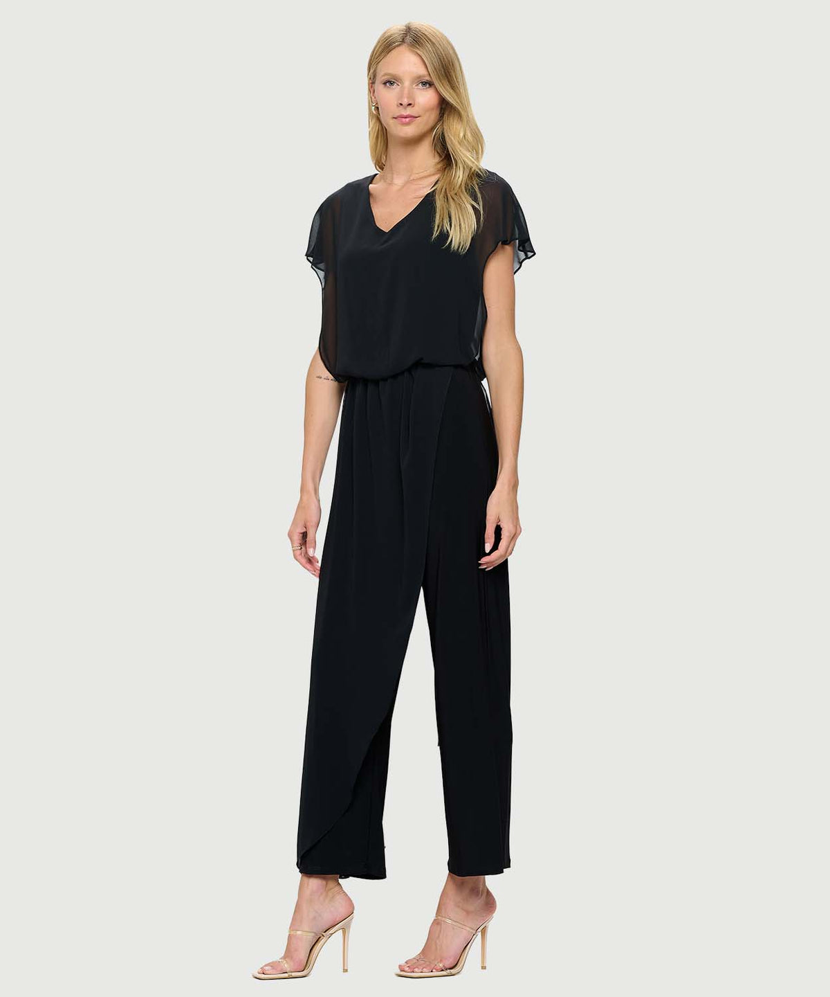 Jumpsuit with back Neckline, Chiffon Overlay & Straight Leg | Navy, Black, Royal