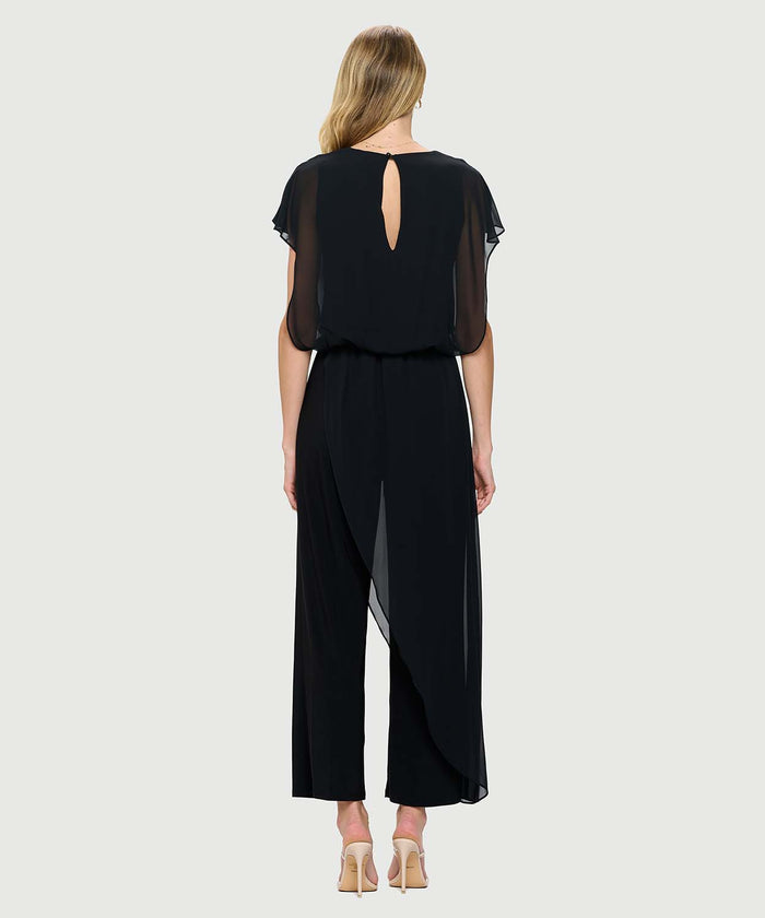Jumpsuit with back Neckline, Chiffon Overlay & Straight Leg | Navy, Black, Royal
