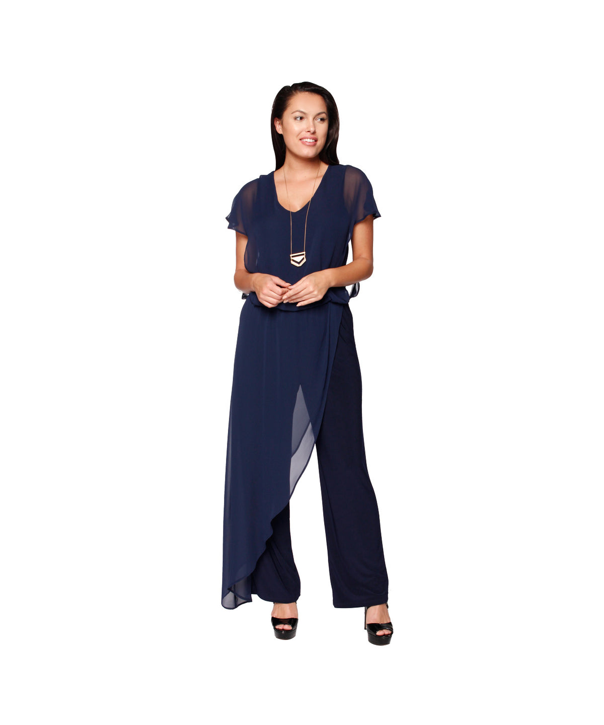 Jumpsuit with back Neckline, Chiffon Overlay & Straight Leg | Navy, Black, Royal