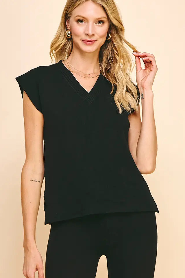 V-Neck Sweater Vest | Black, Camel
