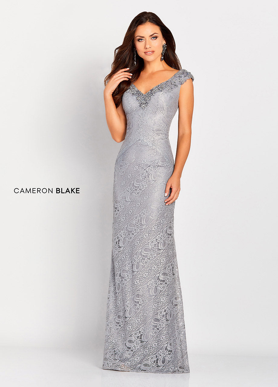 Cameron Blake 119661 Slim A-Line Lace Gown with Beaded V-neckline and Small Cap Sleeve