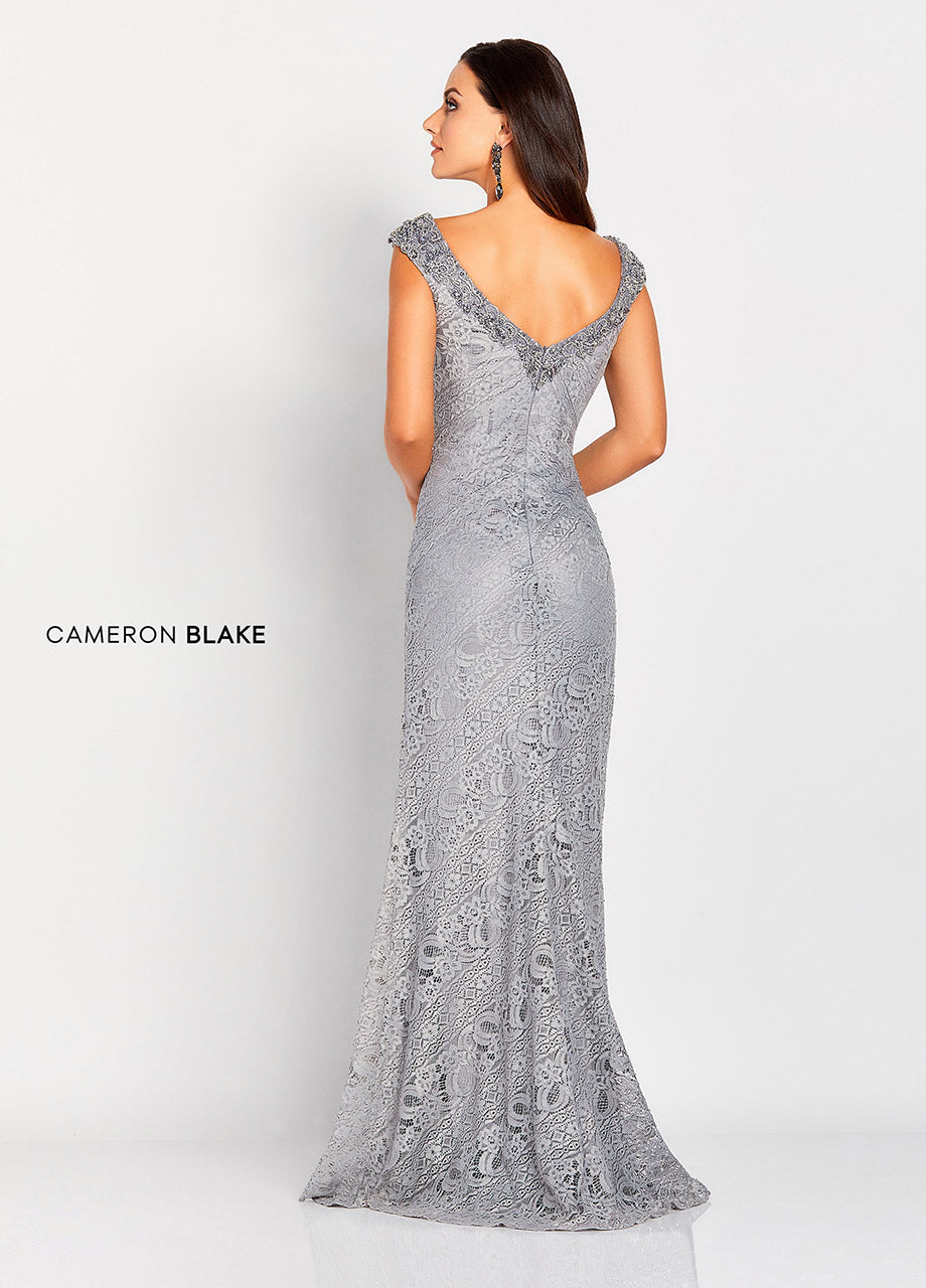Cameron Blake 119661 Slim A-Line Lace Gown with Beaded V-neckline and Small Cap Sleeve