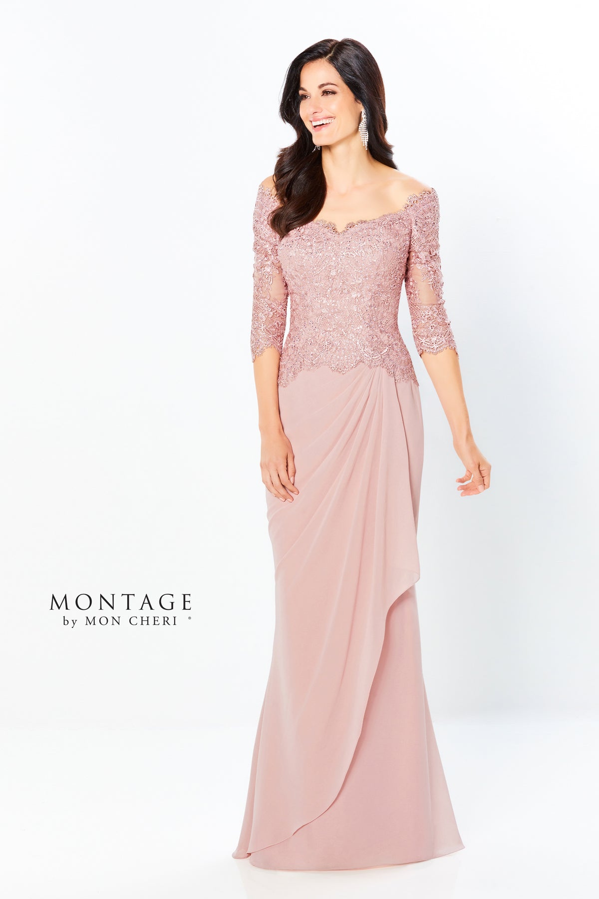 Montage 220942 Off The Shoulder Lace Chiffon Gown With 3/4 Sleeve