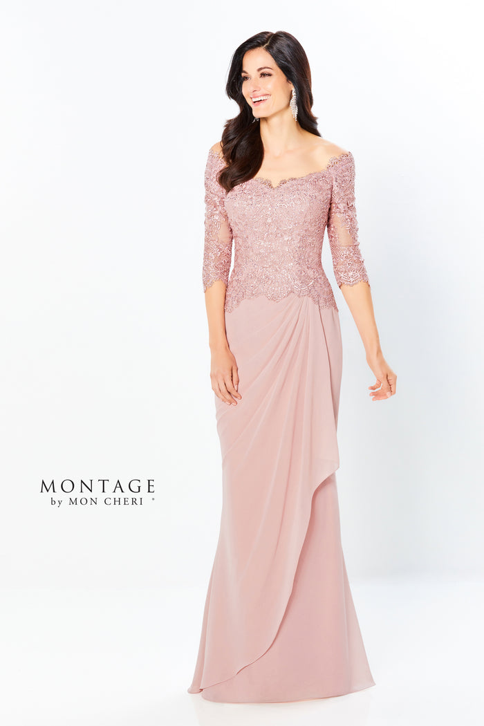 Montage 220942 Off The Shoulder Lace Chiffon Gown With 3/4 Sleeve