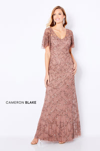 Cameron Blake 221681 Beaded Flutter Sleeve V-Neck Gown