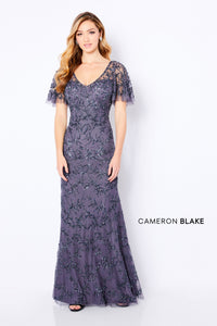 Cameron Blake 221681 Beaded Flutter Sleeve V-Neck Gown