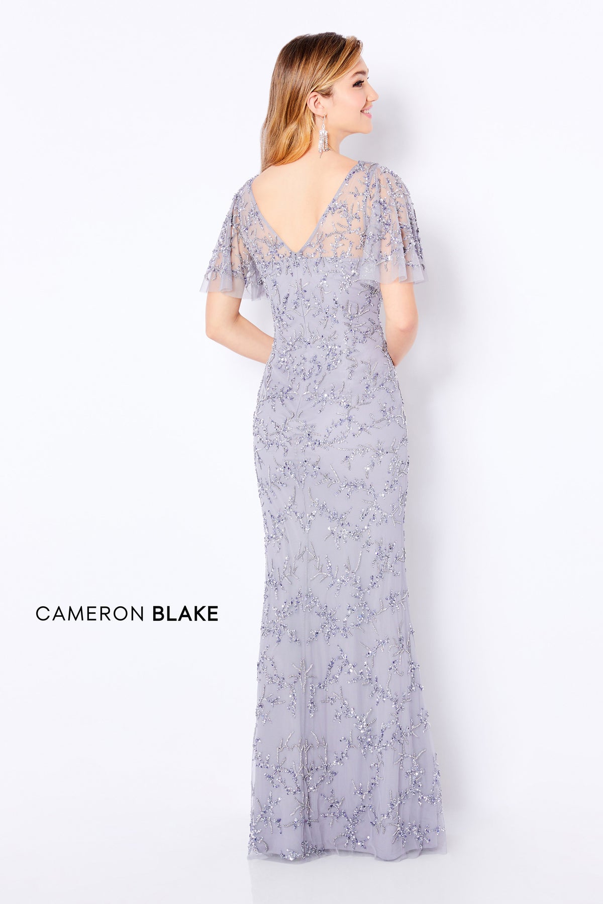 Cameron Blake 221681 Beaded Flutter Sleeve V-Neck Gown