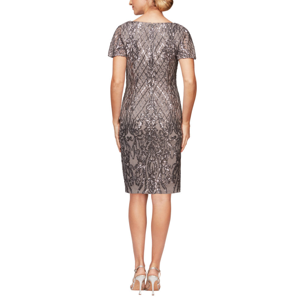 Short Sleeve V-Neck Sequin Cocktail Dress | Grey