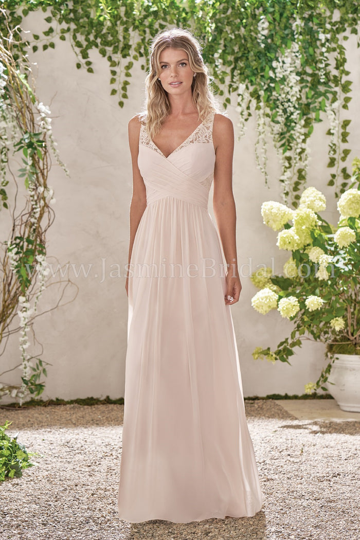Poly Chiffon V-Neck Dress with Lace and Rouching - Available Long or Short - Several Colors - Sizes 00-34 - In Store ONLY